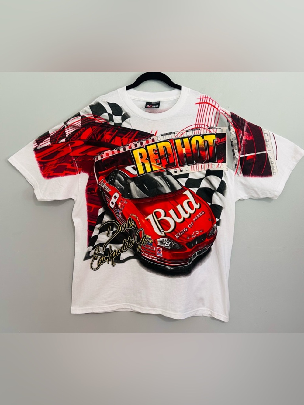 Vintage Dale Earnhardt Jr Budweiser NASCAR Tee L Y2K Racing Graphic AOP Style